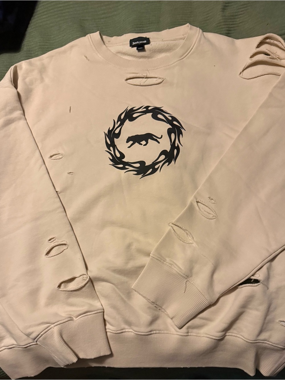Just Cavalli Cream Distressed Crewneck with Black Emblem